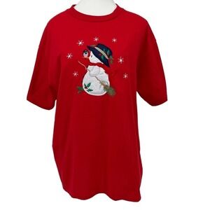 Vintage 90’s Fruit of the Loom T-Shirt Embroidered Snowman Red Large